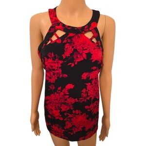 NWT DIANA BELLE Black Red Floral Cut Out Front Sleeveless Casual Top Size‎ Large